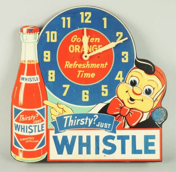 1940s-50s Whistle Clock.: Runs fine and made by Phelps in Indiana with original instruction card still stapled in place on back. Only a few tiny paint dots and small minor marks on the clock face, with great remaining color! C