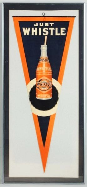 1920s Whistle Paper Pennant.: Framed under glass and no wear, with its metal strip attached a few very tiny spots and one short closed edge tear. Condition (Near Mint). Size Framed: 31" x 14".