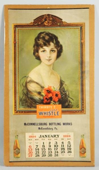 Scarce 1924 Whistle Large Calendar.: Complete with a full pad and metal strips. Nice early bottles are shown. Moderate to a bit heavier soiling with light wear and a few marks and closed tears with color retouching in some lines. Conditi