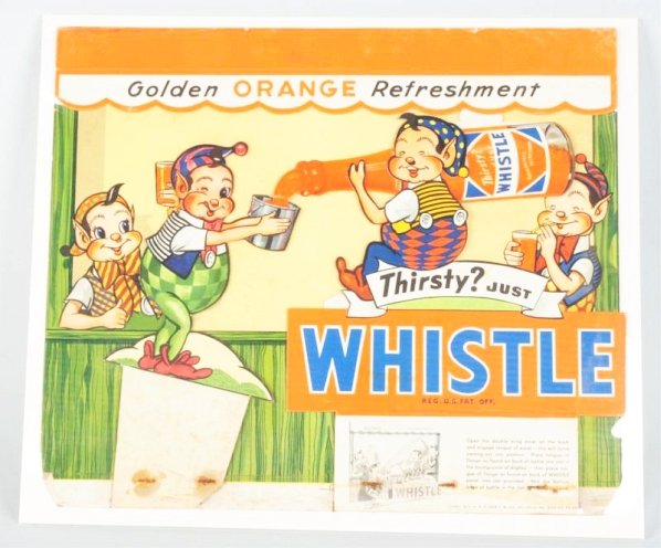 Cdbd Whistle Orange Refreshment Advertising Sign.: Soiling, stains, mildew spotting, with a small break in the bottle stream The worst rust stains on the staples will be hidden when displayed. Condition (Excellent). Size 14 - 3/4" x 17 - 1/4".