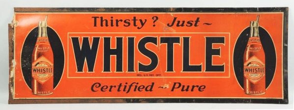 1920s Whistle Cardboard Sign.: With original tin surround frame for outdoor display. Rust on frame, especially left side with a paper chip there also. A few tack holes, a small punch, surface wear and marks. Condition (Good). Size 