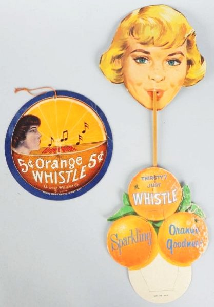 Lot of 2: Cardboard Whistle Signs.: 1920s fan pull has a border bend and light wear. The 1950s bottle topper has surface wear and rubbing. Condition (Very Good). Size 17 - 1/4" T.