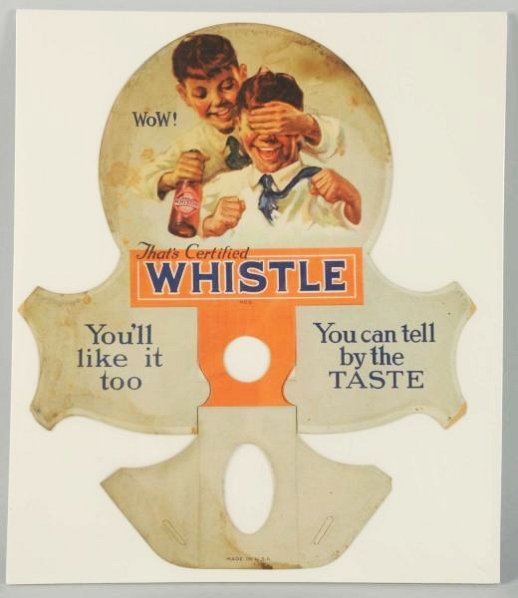 1920s Whistle Cutout Bottle Topper.: Wonderful artwork, edge wear, staining. Condition (Very Good). Size 12 - 3/4" x 10 - 1/2".