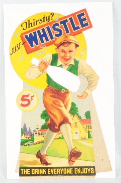 1939 Whistle Cardboard Cutout Bottle Display.: With its easel, designed to hold a glass bottle One very short closed tear, no wear, lightest of any soiling Condition (Near Mint). Size 26 - 1/2" T.
