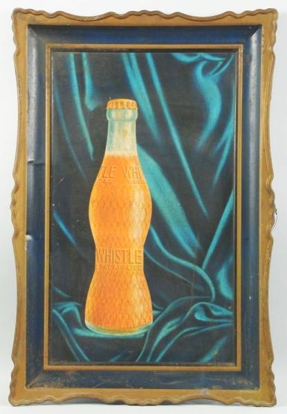 1920s Whistle Self-Framed Tin Sign.: Surface rust, pitting and dull overall, with a small hole at bottom edge. A few dents, scratches, marks. Condition (Good - Very Good). Size 27 - 3/4" x 25 - 1/4".