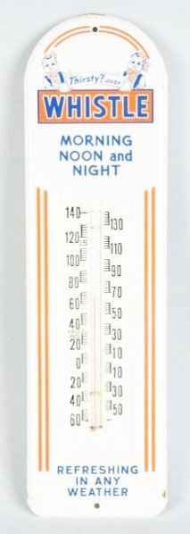 1940s-50s Embossed metal Whistle Thermometer.: A very rare thermometer with a few small edge and border chips/nicks and little wear otherwise! Tube has a glue spot to help prevent sliding on the back. Condition (Excellent - Near Mint). Size 13" T.
