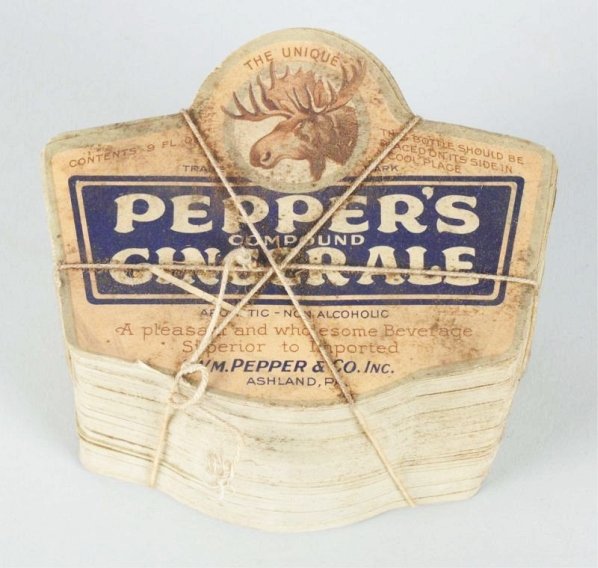 27,000+ Peppers Ginger Ale Bottle Labels.: 1920s with great litho detail featuring a moose. Some soiling and minimal wear from storage Condition (Excellent - Near Mint). Size Each: 4 - 1/4" L.