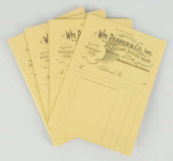 90+ Early Pepper Co. Billheads.: Nearly perfect and from the Pepper find. Condition (Near Mint). Size Each: 6" x 8 - 1/2".