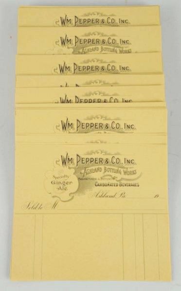 250+ Early Pepper Co. Bill Heads.: Great design and what is left from the Pepper find! Like new. Condition (Near Mint). Size Each: 7 - 1/4" x 8 - 1/2".