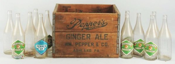 Early Pepper's Case & 12 Bottles.: Bottles are 24 oz. c. 1915-20, with later diamond labels applied to some. Light wear only. Condition (Excellent). Size 17" x 11 - 3/4" x 12 - 1/4".
