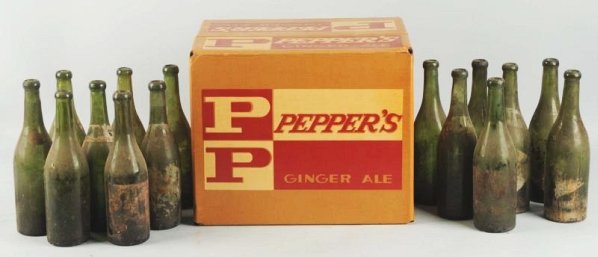 Lot of 17: Pepper's Early Bottles & A Later Case.: Green bottles are C. 1900-15 with applied top and some traces of old paper labels remaining. Soiled and just light wear. Condition (Excellent - Near Mint). Size 14" x 11 - 1/2" x 10 - 1/2".
