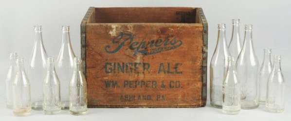 Early Pepper's Case and 12 Bottles.: Includes five 24 oz and seven 6 ½ bottles with just light wear. Condition (Excellent - Near Mint). Size 17" x 11 - 3/4" x 12".