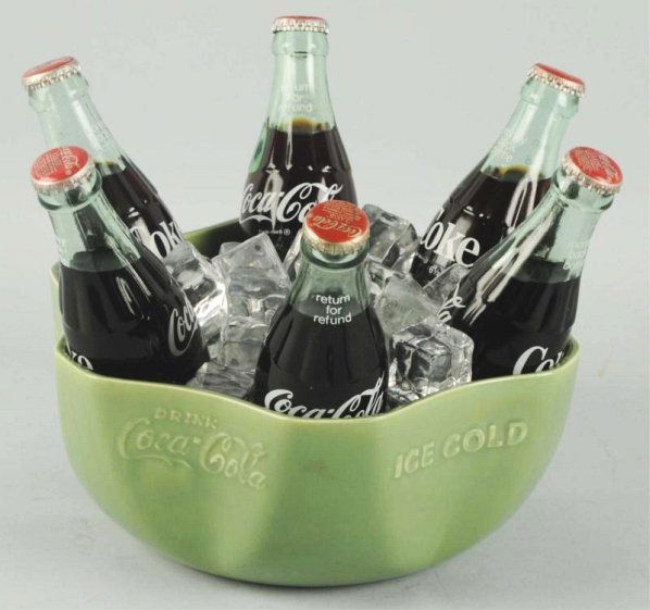 1930's Coca-Cola Green Display Bowl.: Beautiful condition with no wear and full of bottles and artificial for attractive display. Condition (Excellent). Size 10 - 1/2" Dia.