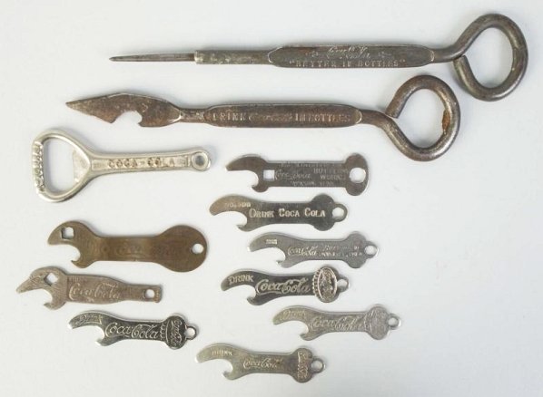 Lot of 12 Asst. Pre-1950 Coca-Cola Bottle Openers: Most have some wear, with a few having little. Condition ( Good - Near Mint). Size Largest: 8" L.