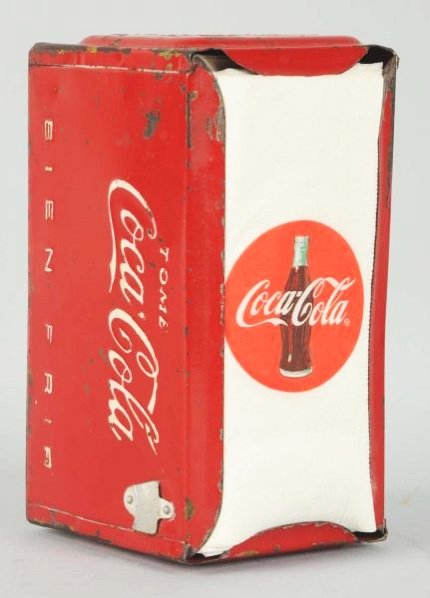 Spanish Coca-Cola Napkin Holder.: A few dents and scatter paint chipping. Tougher to find item. Condition (Very Good). Size 7 - 1/4" T.