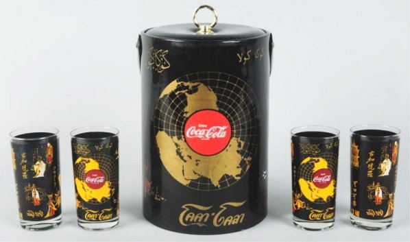 1960s Coca-Cola 14 Piece World Dish Set.: Nice grouping and about as complete as you may find with a nice variety offered. Minor wear on primarily only the ice bucket Condition (Near Mint). Size Largest: 11 - 1/4" T.