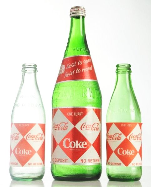 Lot of 3: Coca-Cola Diamond Label Green Bottles.: Unusual to find and two different variations! Light wear. Condition (Near Mint). Size Largest: 12" T.