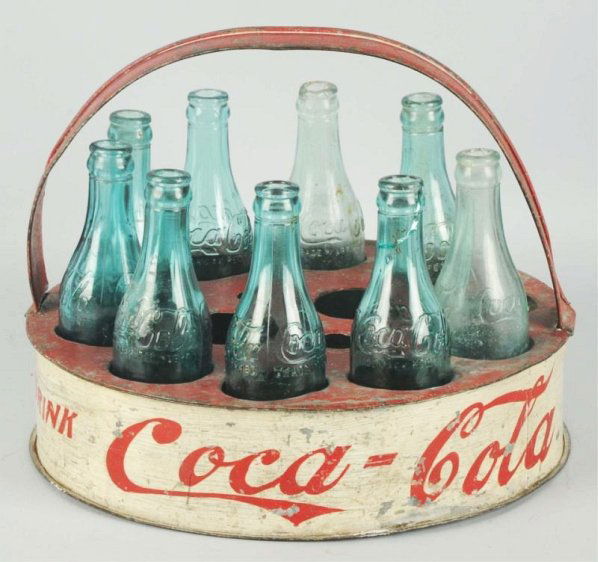 Scarce Coca-Cola Vendors Bottle Carrier.: Teens-20's and a different likely shop made variation. In original red and white hand painted surface with paint chipping and mild wear and shallow dents. Includes nine straight sided script bottles.