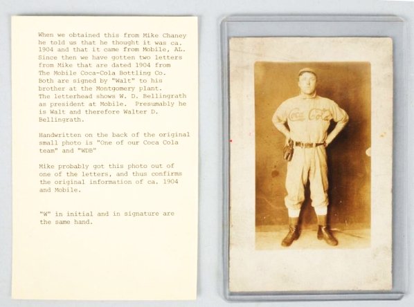 Coca-Cola Baseball Player Real Photo Post Card.: Signed WDB for W.D. Bellingrath, president of Mobile Coca Cola Bottling Co. Circa 1904-10. With a note card of explanation. Moderate soiling and light wear. Condition (Very Good). Size 5 - 1/4" x 3 -