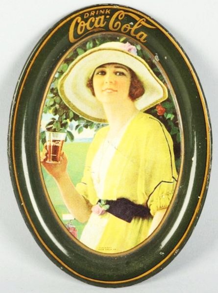 1920 Coke Oval Tip Tray.: Small scratch on tray face. A few rim and border chips and nicks. The darker diagonal mark is from original mfg. Condition (Excellent). Size 6 - 1/4" T.