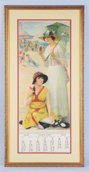 1918 Coca-Cola Calendar.: Matted and framed under glass. Pad appears to be complete, metal strip not visible. Only light soiling and mildew spots in top 6 inches, with light roll wrinkles in that area. A few stronger roll line