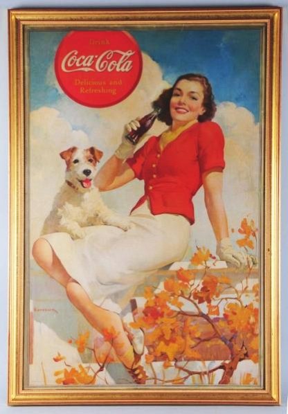 1938 Large Coca-Cola Poster.: Beautifully framed under plexi not often found and great artwork by Sundblom Light to moderate soiling with a few closed tears at opposite edges, small marks and wear, edge wear, with small spot touch