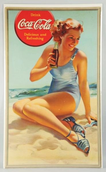 1940 Large Coca-Cola Poster.: Displays impressively and is a hard poster to find! Minor edge wear, a few random small spots, When viewed at some angles bends lines in top area are visible, and light soiling/mildew spotting in top 