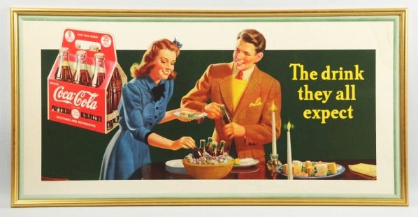 1942 Coca-Cola Large Poster.: Framed under plexi. Minor soiling and surface marks of a light sort with small stains in upper right corner and some mildew spotting evident in top white border area. Condition (Excellent). Size Frame
