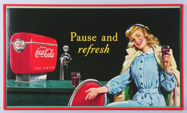 1948 Oversized Horizontal Coca-Cola Poster.: Framed under plexi Vibrant colors and gorgeous with just miniscule small white surface dots in a small area, most minor of marks otherwise. Condition (Near Mint). Size Framed: 41" x 23 - 3/4".