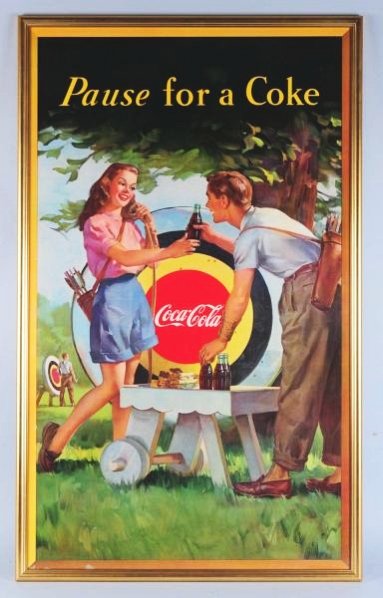 1948 Large Coca-Cola Poster.: Framed under plexi Beautiful with just very minor small spot rubbing and a few tiny spots, all in the bottom of poster, and small edge color chips at the lower left bottom edge. Condition (Near Mint).