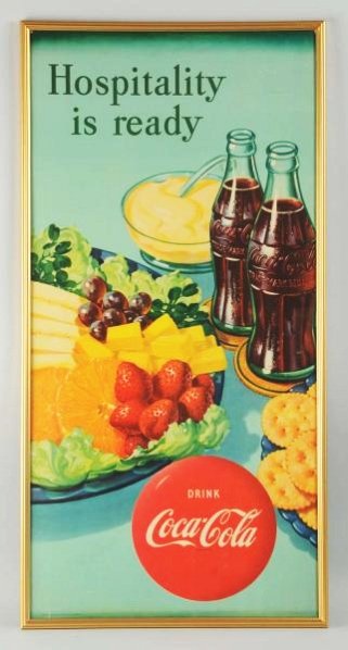 1950 Tall Coca-Cola Poster.: Framed under glass a few smaller scratches and marks with light edge wear. Condition (Near Mint). Size Framed: 46" x 23".