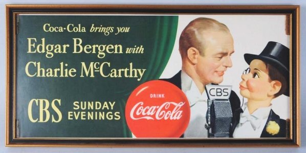 1950s Coca-Cola Bergen-McCarthy Paper Poster.: Framed under glass no wear with normal darkening around original window tape corners since never used Condition (Near Mint). Size Framed: 25 - 1/4" x 12".