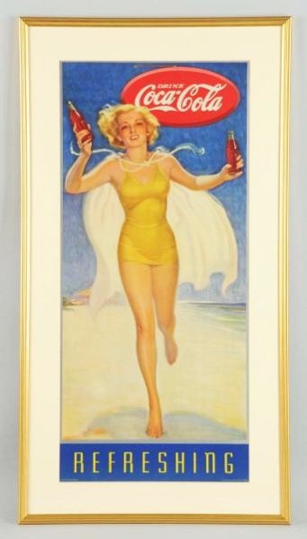 1937 Elusive Coca-Cola Cardboard Poster: Stunning and vibrant poster is framed under plexi. Only a few very minor surface bend lines and/or lamination wrinkle lines and just a few tiny marks otherwise. Condition (Near Mint). Size Framed: 37 