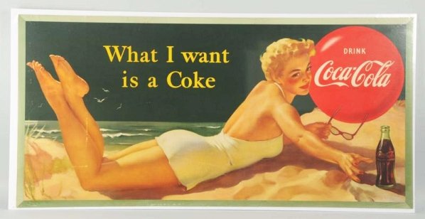 1952 Large Coca-Cola Poster.: Light wear, good color. Staple holes at top and bottom border and inside left border, with a few in the poster, Some have very well done spot retouching. A few small surfaces rubs. Displays quite well