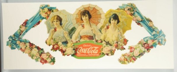 1918 Coca-Cola Umbrella Girls Festoon.: One or two small and mild surface rubs, with 3-4 minor edge area bends and a two inch closed tear. All shortcomings only visible with close inspection Overall mild age toning Condition (Excellent). Si