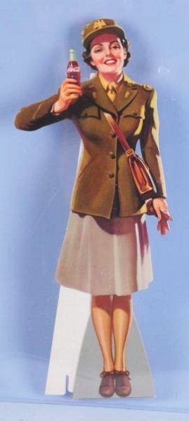 1943 Coca-Cola Cardboard Cutout Servicewoman.: With original easel and light overall wear only. Mild edge surface rubs in only a few small spots and minor surface marks at glove tips and neckline. Condition (Near Mint). Size 17 - 1/2" T.