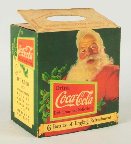 Cardboard Coca-Cola 6-Pack Carrier with Santa.: 1920s, with fading on carrier and light wear, soiling, small flecks on the Santa sleeve. Condition (Excellent). Size 8" T.