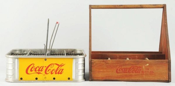 Lot of 2: Coca-Cola Bottle Carriers.: 1940s and 50s with light wear/soiling. The wooden one is rarely found. Condition (Excellent). Size Largest: 11 - 1/2" L.