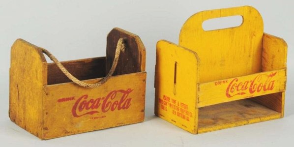 Lot of 2: Coca-Cola Carriers.: Soiling, light wear on the rope handle. The wood and Masonite piece is like new with light soiling. Condition (Very Good). Size Each: 8" L.