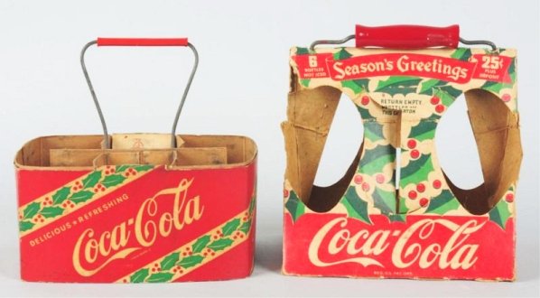 Lot of 2: 1930s Coca-Cola Christmas Carriers.: Moderate wear and soiling on the better, heavier on the lesser Condition (Very Good -Excellent). Size Largest: 7 - 1/2" L.