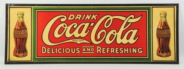 c. 1920 Coca-Cola Tin and Cardboard Sign.: Features a 1915 bottle on each end. Clean and bright and little to no wear. Has a small closed punch with repair and great touch-up near right bottle. Condition (Excellent Plus). Size 60 - 1/4" x 21 -