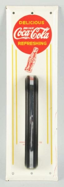 1930s Coca-Cola Door Pull Handle.: Metal, with Bakelite and chrome handle. A few small nicks, red line marks at edge, surface marks. Condition (Excellent). Size 12" T.