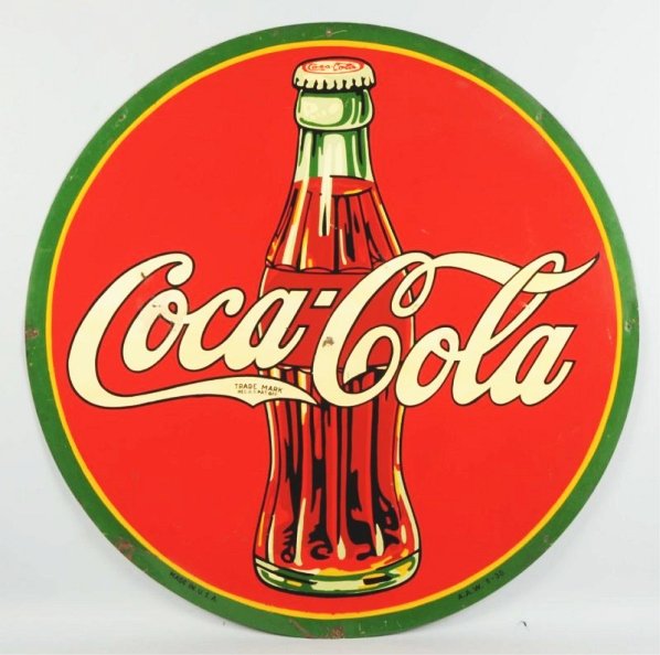 1936 Coca-Cola Tin Sign.: Surface bends and border nail holes, with a central nail hole, dent, and paint chip. A few other color rubs, chips, stains, with light overall wear. Condition (Very Good). Size 45 - 1/2" Dia.