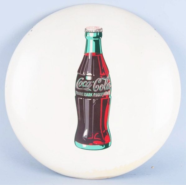 1949 Tin Coca-Cola Button.: Somewhat weathered and with color differences around edge, including some building paint residue. Condition (Very Good). Size 24" Dia.