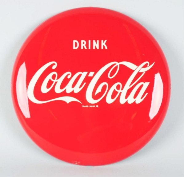 1950s Coca-Cola Tin Button.: Has a half round cutout hole at bottom for another use than what might have been normal possibly. Small scuff near that area and little wear otherwise. Condition (Near Mint). Size 12" Dia.
