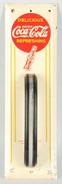 Metal Coca-Cola Door Handle.: With bake lite handle. This wide version has light overall wear and paint nicks at mounting holes, with chrome loss on handle trim strip. Condition (Very Good). Size 12" T.