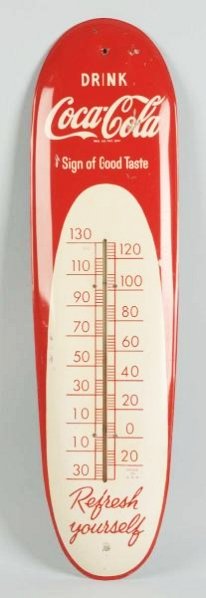 1950s Coca-Cola Tin Thermometer.: A few scratches, scuffs, paint chips, but little wear otherwise. Condition (Very Good Plus). Size 30" T.