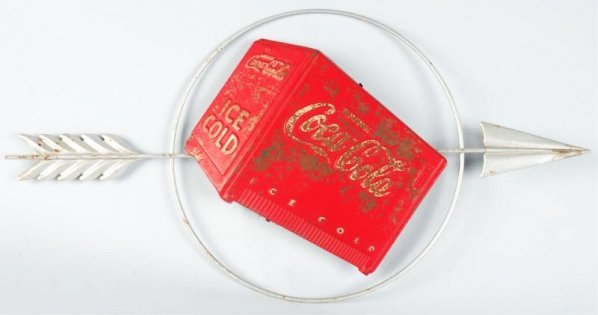 1930s Coca-Cola Tin Cooler & Arrow.: Lots of active paint flaking on cooler. Condition (Good). Size 31 - 3/4" L.