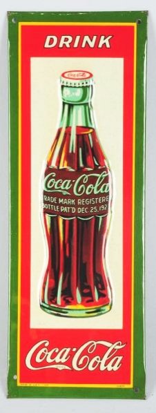 1931 Coca-Cola Embossed Tin Bottle Sign.: Bright and shiny with very tin pit dots, but no instability. Condition (Excellent Plus). Size 12 - 1/2" x 4 - 1/2".
