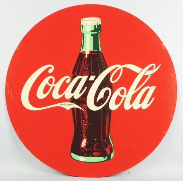 1970s-80s Coca-Cola Reissue Tin Sign.: Some light to medium scratches and shallow bends, with a few stronger scratches on left side. Condition (Very Good - Excellent). Size 45 - 1/2" Dia.